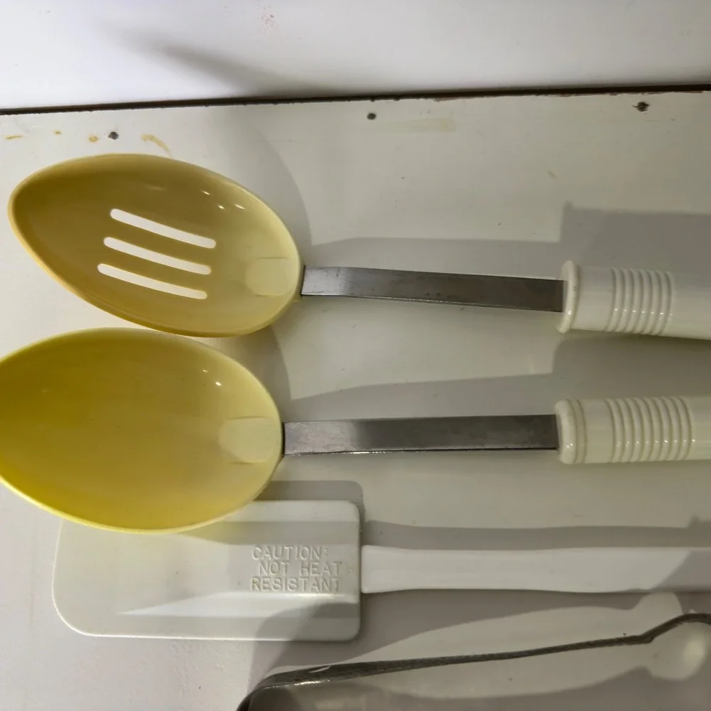 Vintage Kitchen Utensil Set Yellow Serving Spoons Spatula Tongs Stainless Steel